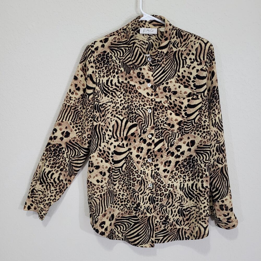 Vintage Blouse Kathy Che Womens XL Animal Print Leopard Long Sleeve Button up